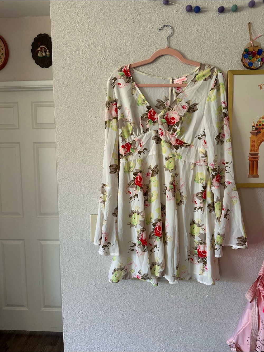 Renamed L White Floral Mini Dress Bell Sleeves EUC